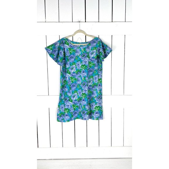 Vintage blue purple floral flutter sleeve cotton cover up sun dress - Picture 5 of 5